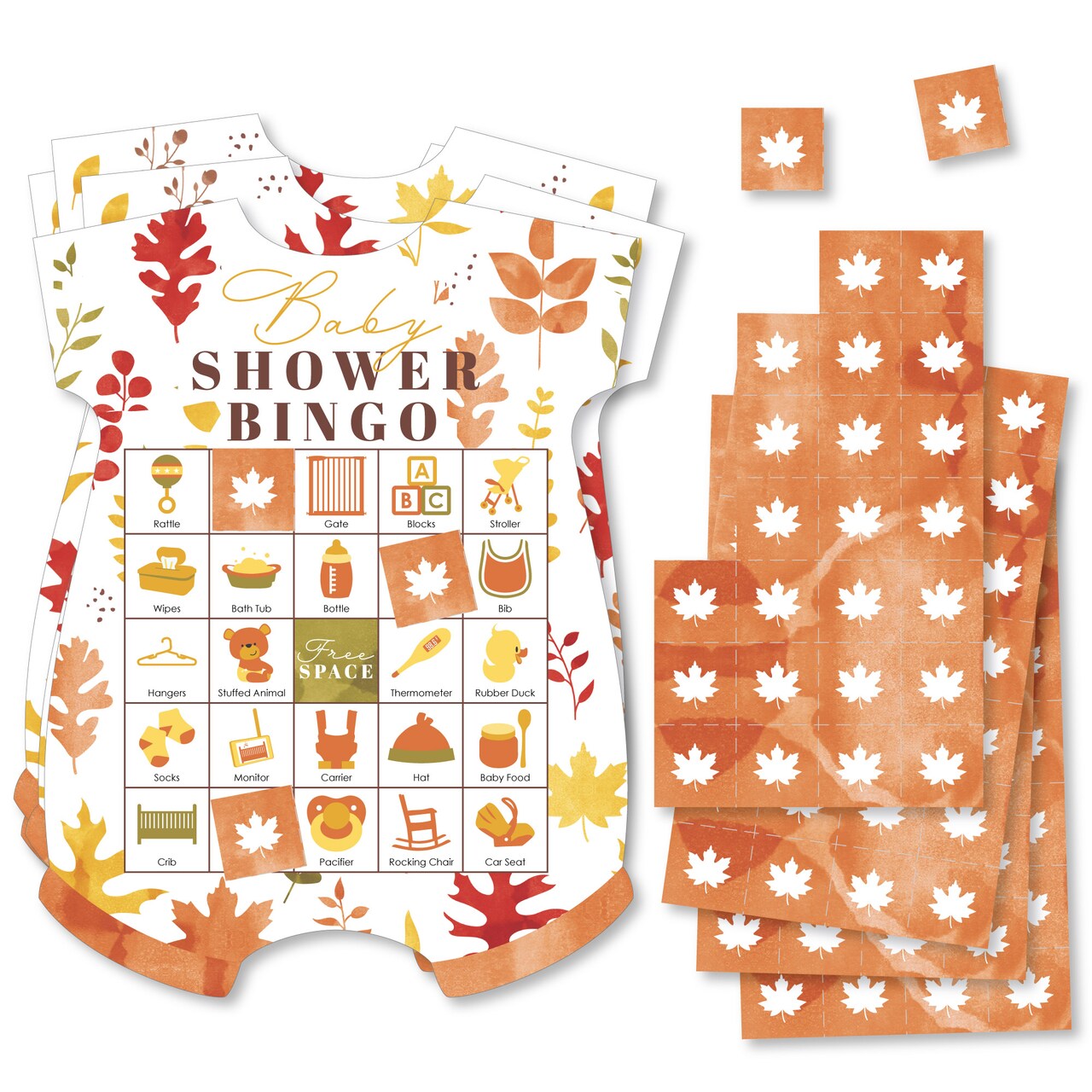 Big Dot of Happiness Fall Foliage Baby - Picture Bingo Cards and Markers - Autumn Leaves Baby Shower Shaped Bingo Game - Set of 18